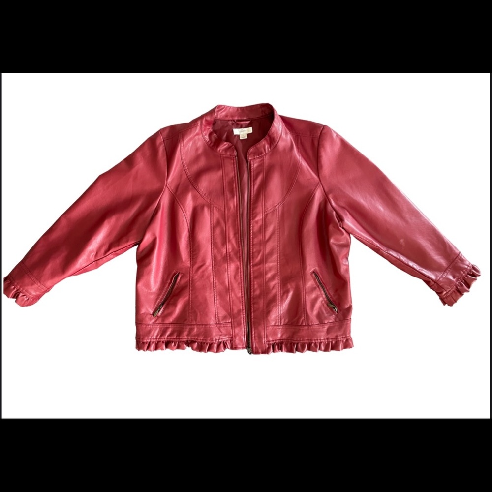 CJ Banks Women’s Red Pleather Jacket with ruffled cuffing. Size 2X